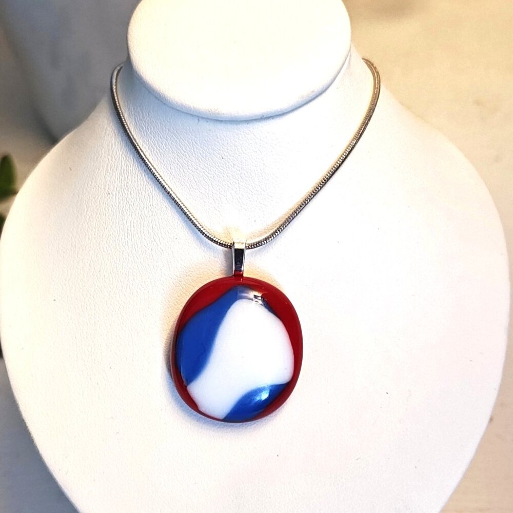 Red White & Blue USA pendant necklace, Handcrafted focal piece patriotic jewelry